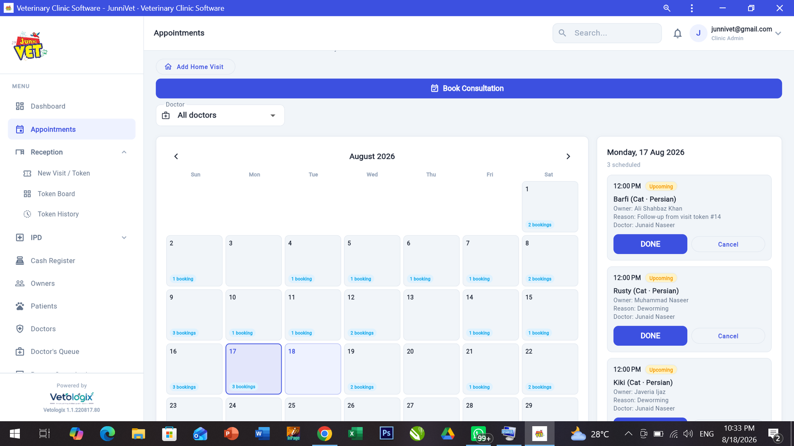 Vetologix appointments calendar